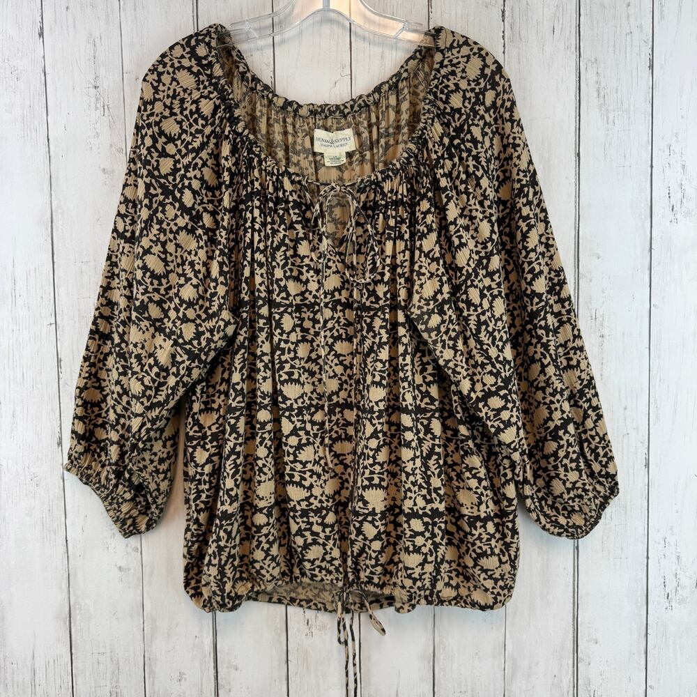Denim & Supply Tan Black Floral 3/4 Sleeve Boho Peasant Top Tie Hem Size Large